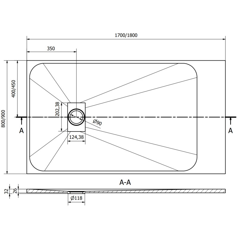 Mexen Hugo stačiakampė dušo padėklas SMC 170 x 80 cm, juodas, maskuojama juoda - 42708017-B