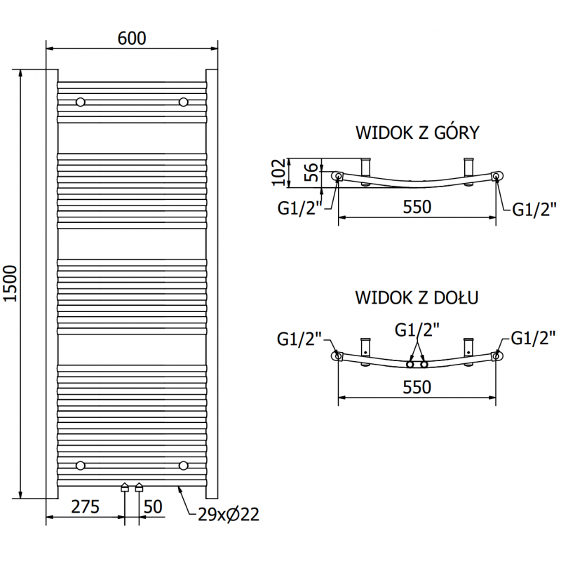 Mexen Ares elektrinis radiatorius 1500 x 600 mm, 600 W, chromas - W102-1500-600-2600-01
