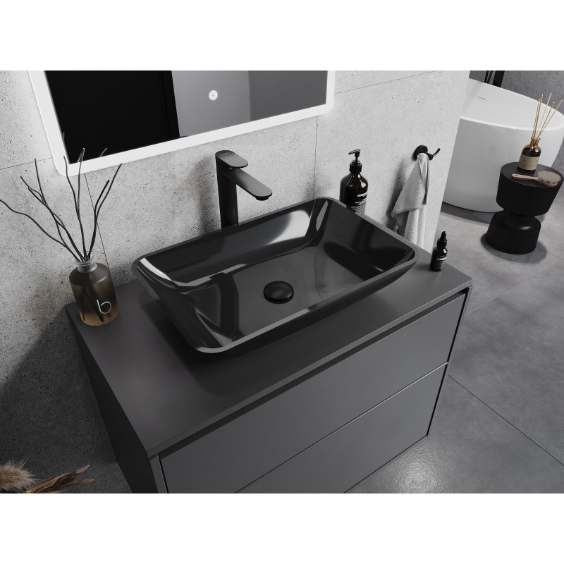 Mexen Megan stiklinis ant stalviršio statomas praustuvas 56 x 36 cm, juodas - 24135670
