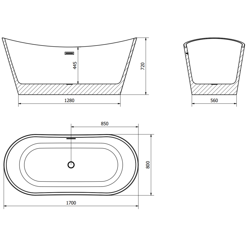 Mexen Montana laisvai pastatoma vonia 170 x 80 cm, balta/juoda, baltas persipylimas - 52011708075-20
