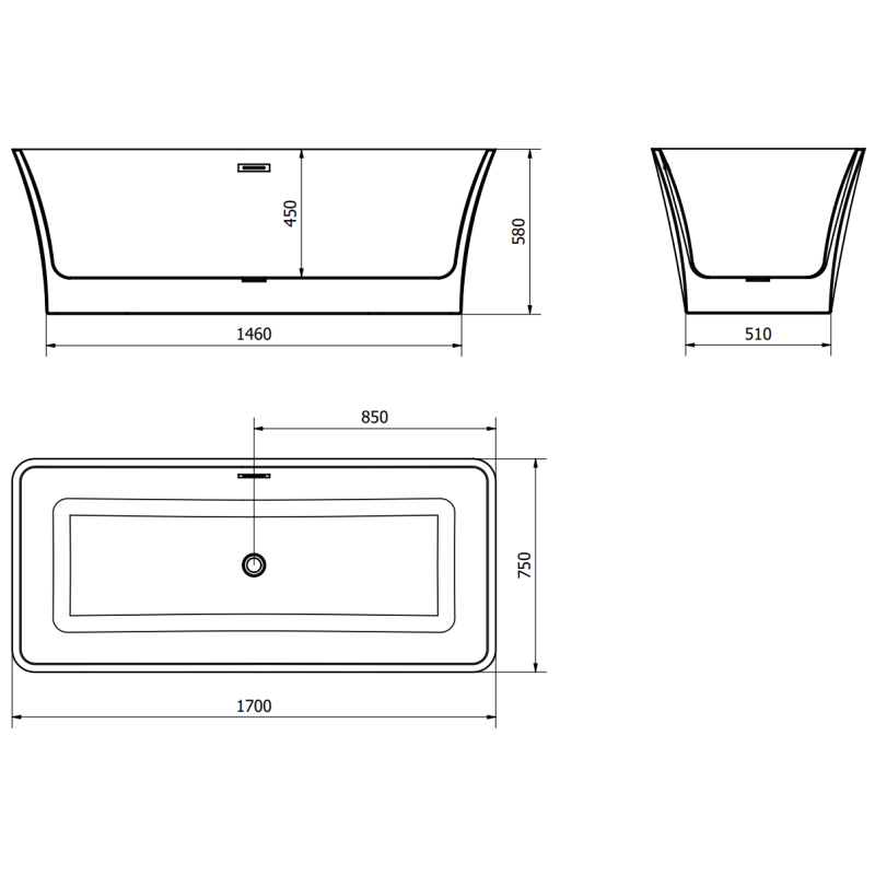 Mexen Tonia laisvai stovinti vonia 170 x 75 cm, balta/juoda, auksinis šlifuotas perteklius - 52171707575-55