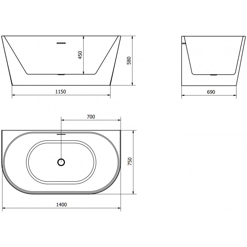 Mexen Oval laisvai pastatoma prie sienos vonia 140 x 75 cm, balta/juoda, juodas perpylimas - 52671407575-70