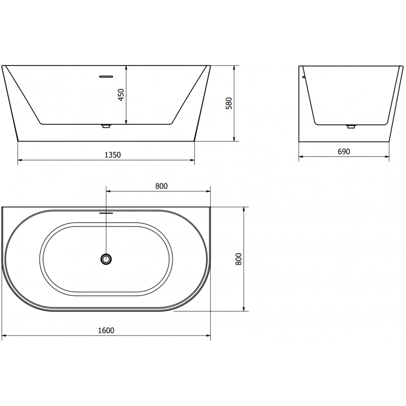 Mexen Oval laisvai stovinti prie sienos montuojama vonia 160 x 80 cm, balta/juoda, aukso perpildymo elementas - 52671608075-50