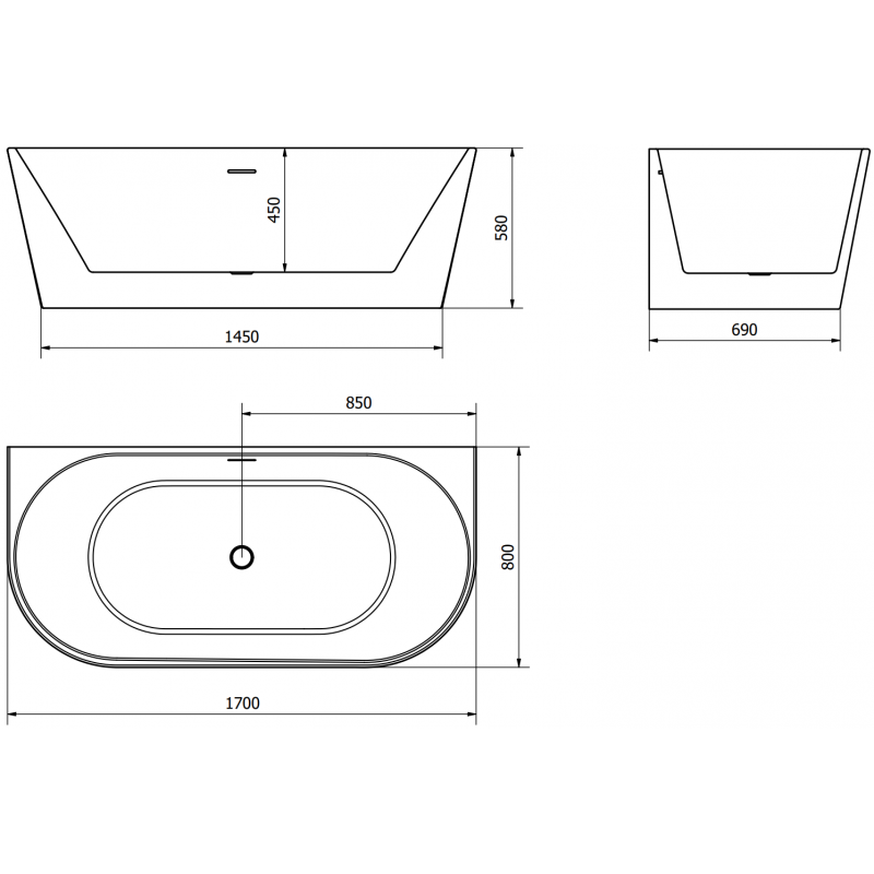 Mexen Oval laisvai stovinti prie sienos montuojama vonia 170 x 80 cm, balta, šlifuotas nikelis - 52671708000-97