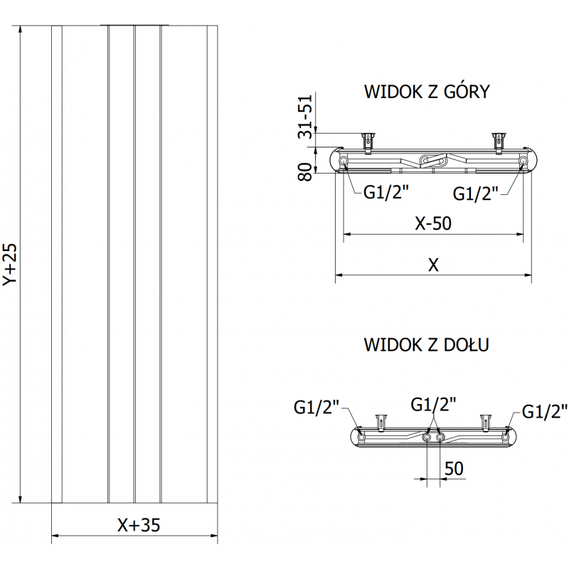 Mexen Line VR20SL plokščiasis radiatorius 1600 x 400 mm, apatinis vidurinis pajungimas, 794 W, juodas - W6VR20SL-160-040-70