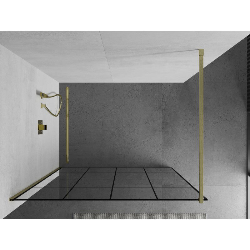 Mexen Kioto dušo sienelė Walk-in 130 x 200 cm, juodas tinklelis 8 mm, šlifuotas auksas - 800-130-101-55-77