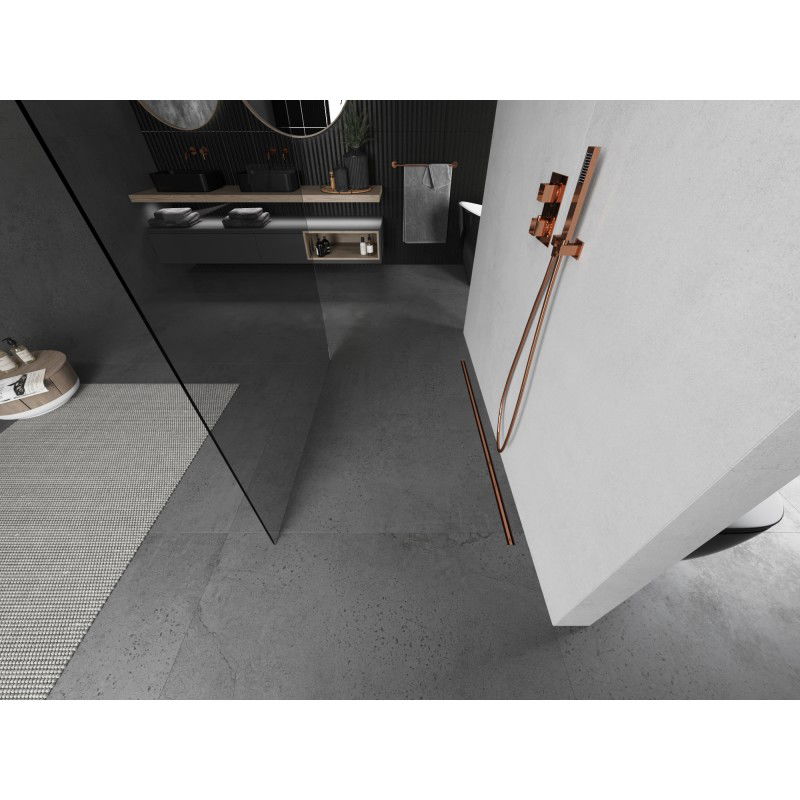 Mexen Kioto laisvai stovinti dušo siena 135 x 200 cm, skaidrus 8 mm, šlifuotas varis - 800-135-002-65-00