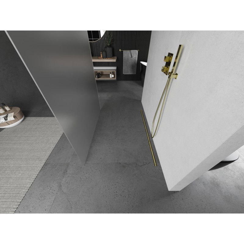 Mexen Kioto laisvai stovinti dušo siena 100 x 200 cm, matinė 8 mm, auksinė šlifuota - 800-100-002-55-30