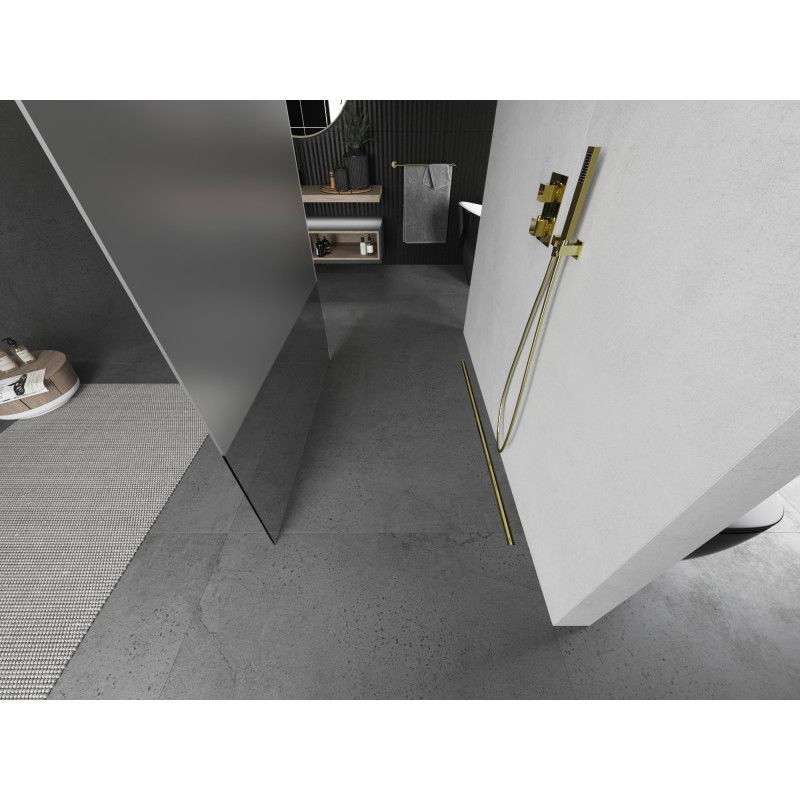 Mexen Kioto laisvai stovinti dušo siena 100 x 200 cm, skaidri/raukšlėta 8 mm, auksinė šlifuota - 800-100-002-55-35