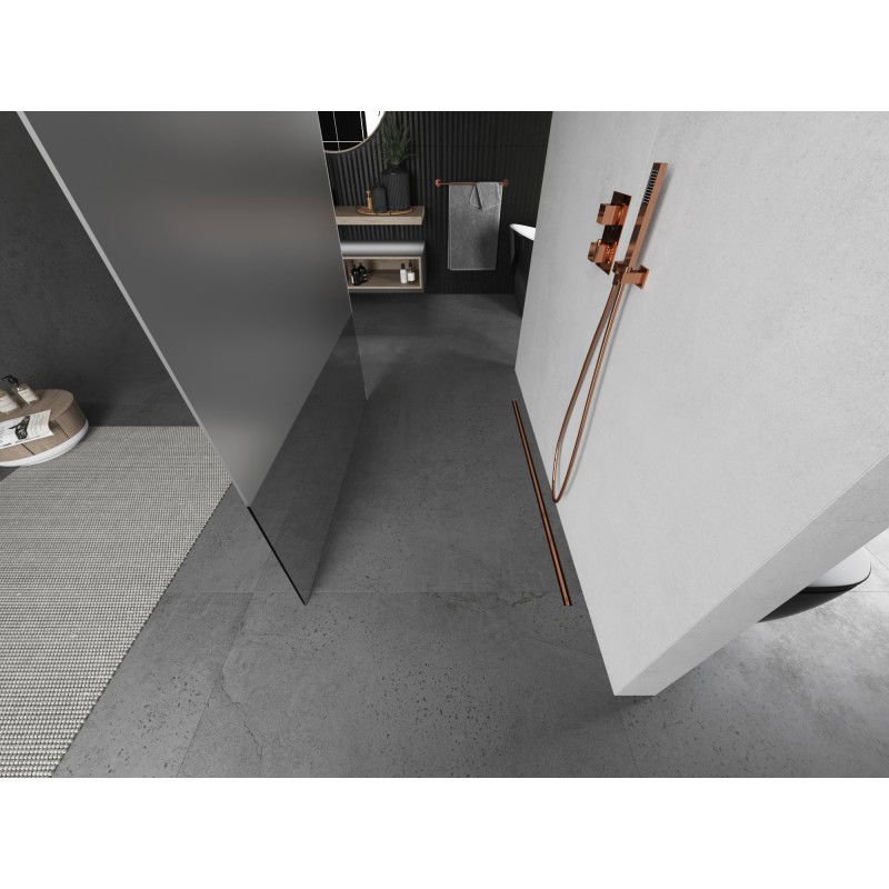 Mexen Kioto laisvai stovinti dušo sienelė 120 x 200 cm, permatoma/matinė 8 mm, šlifuotas varis - 800-120-002-65-35