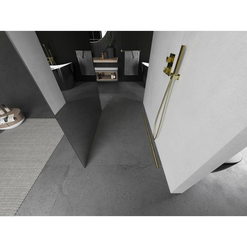 Mexen Kioto laisvai stovinti dušo siena 110 x 200 cm, veidrodis 8 mm, aukso šlifuotas - 800-110-002-55-50