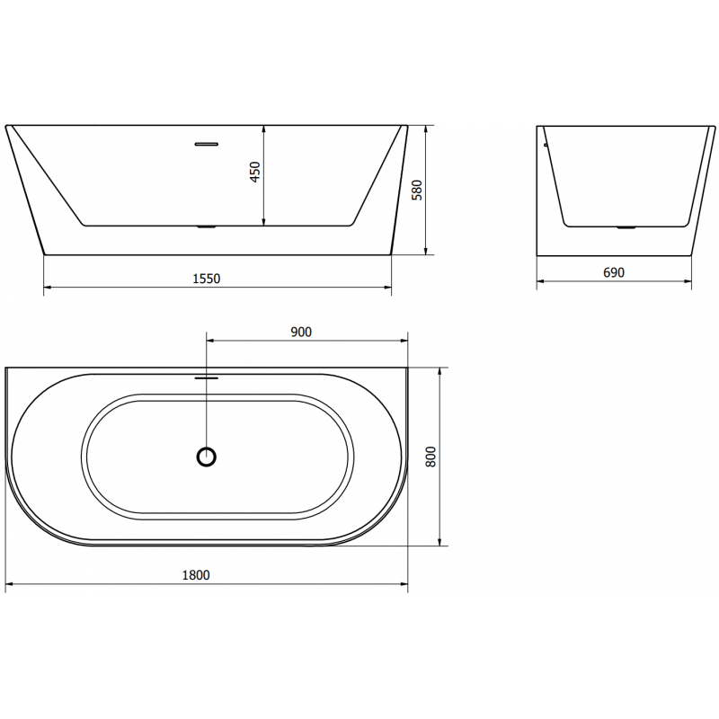 Mexen Oval laisvai pastatoma vonia prie sienos 180 x 80 cm, balta, balta perpylimo anga - 52671808000-20