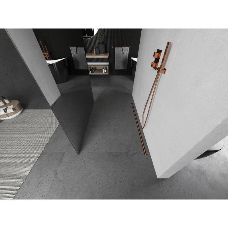 Mexen Kioto laisvai stovinti dušo siena 130 x 200 cm, veidrodis 8 mm, šepečiu šlifuota varis - 800-130-002-65-50