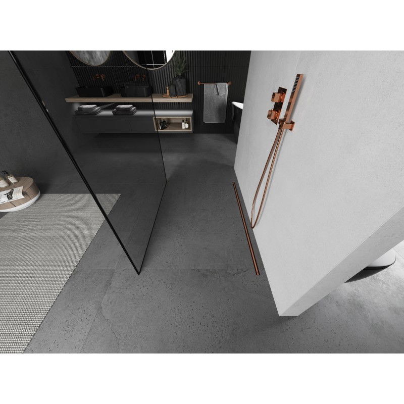 Mexen Kioto Laisvai stovinti dušo sienelė 120 x 200 cm, juodas rėmelis 8 mm, šlifuota vario spalva - 800-120-002-65-70