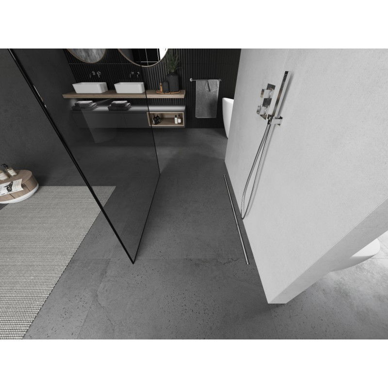 Mexen Kioto laisvai stovinti dušo siena 150 x 200 cm, juodas rėmas 8 mm, šlifuotas nikelis - 800-150-002-97-70