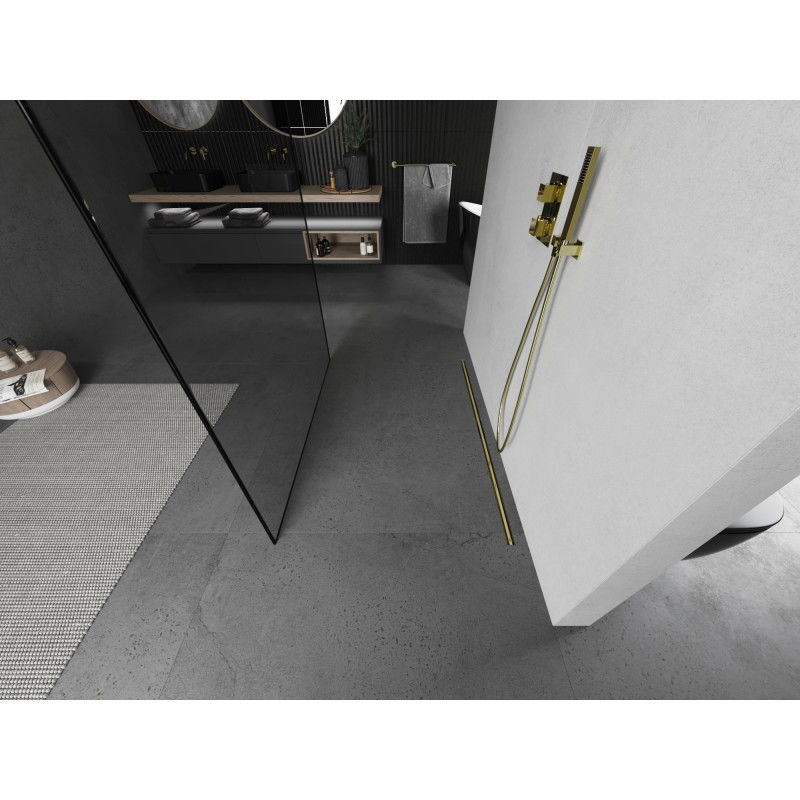Mexen Kioto laisvai stovinti dušo siena 150 x 200 cm, juodas rėmas 8 mm, šlifuotas auksinis - 800-150-002-55-70