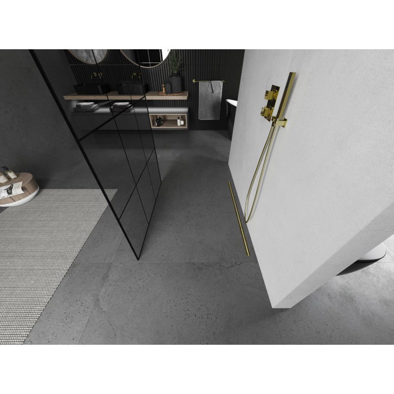 Mexen Kioto laisvai stovinti dušo siena 110 x 200 cm, juodas tinklelis 8 mm, šlifuotas auksas - 800-110-002-55-77