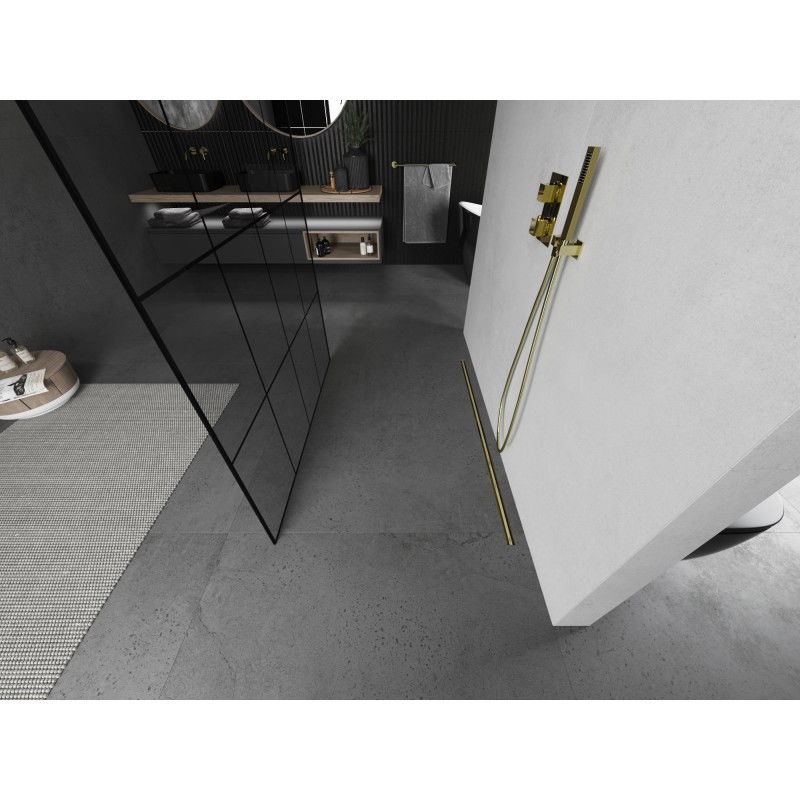 Mexen Kioto laisvai pastatoma dušo sienelė 140 x 200 cm, juodas tinkliukas 8 mm, auksinė šlifuota - 800-140-002-55-77