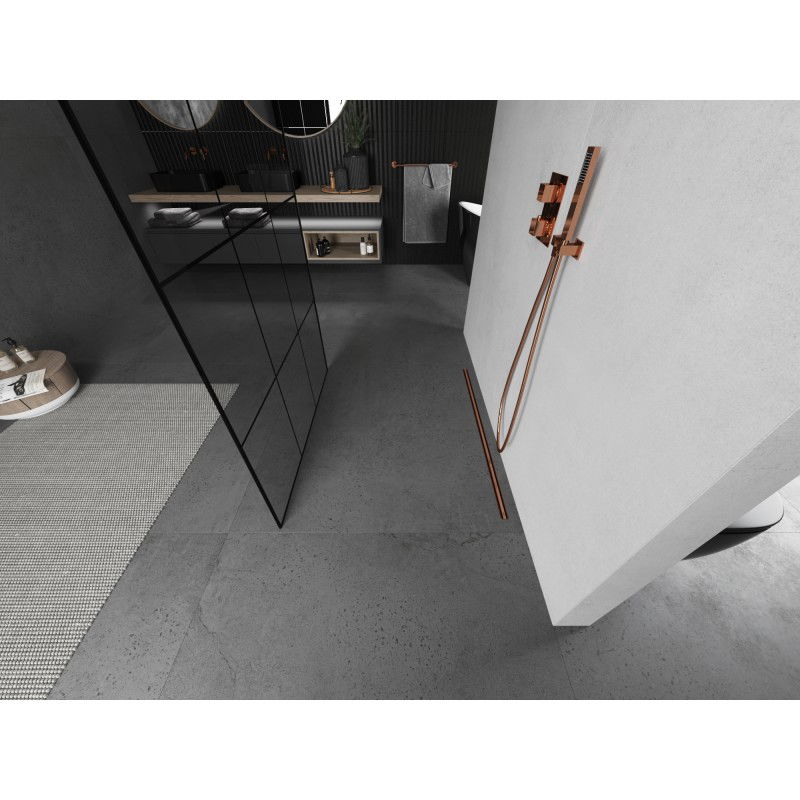 Mexen Kioto laisvai stovinti dušo pertvara 120 x 200 cm, juodas tinklelis 8 mm, šlifuota varinė - 800-120-002-65-77