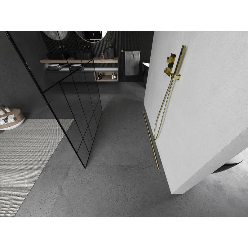 Mexen Kioto laisvai stovinti dušo siena 100 x 200 cm, juodas raštas 8 mm, auksinis šepečiuotas - 800-100-002-55-78