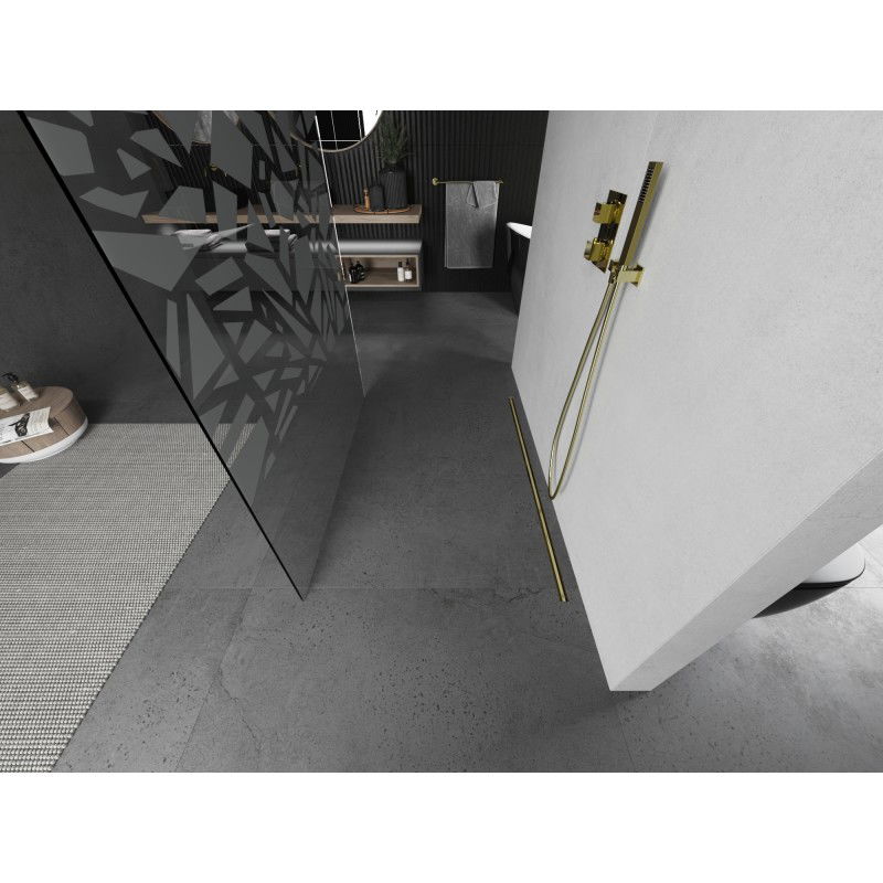 Mexen Kioto laisvai stovinti dušo sienelė 130 x 200 cm, baltas raštas 8 mm, aukso spalvos šlifuota - 800-130-002-55-85