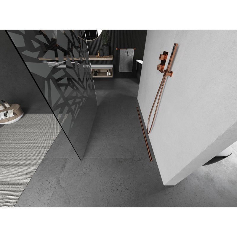 Mexen Kioto laisvai pastatoma dušo siena 130 x 200 cm, balto rašto 8 mm, šlifuotas varis - 800-130-002-65-85