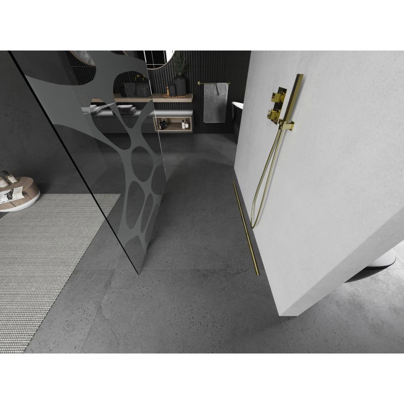 Mexen Kioto laisvai statoma dušo pertvara 100 x 200 cm, balta banga 8 mm, auksinės spalvos šepetėlis - 800-100-002-55-97