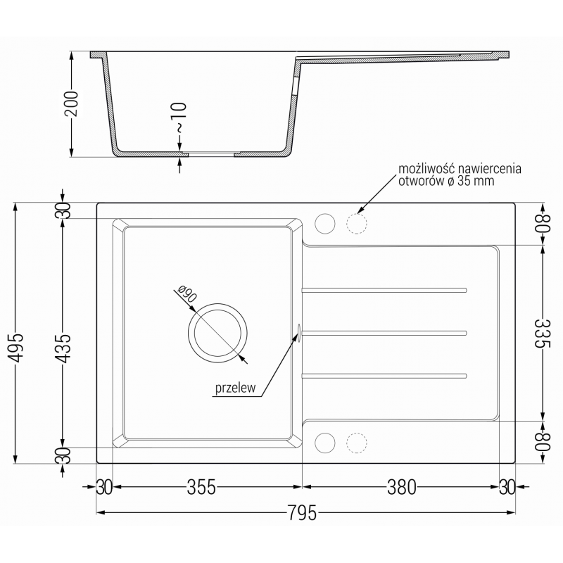 Mexen Bruno vienkamerė granitinė plautuvė su nutekėtoju 795 x 495 mm, pilka, auksinis sifonas - 6513791010-71-G