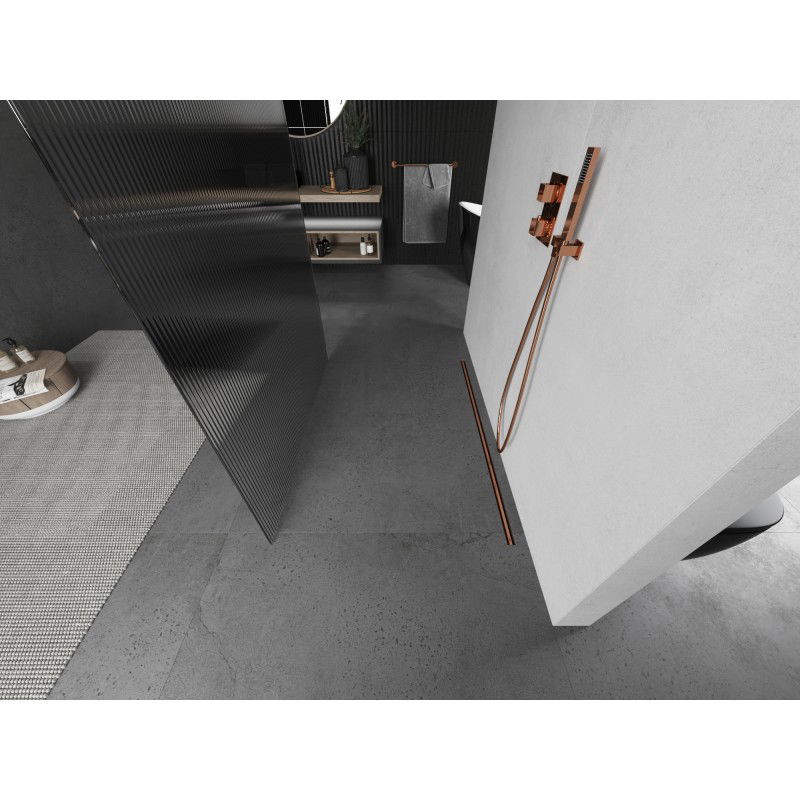 Mexen Kioto laisvai pastatoma dušo siena 120 x 200 cm, dryžuota 8 mm, šlifuotas varis - 800-120-002-65-09