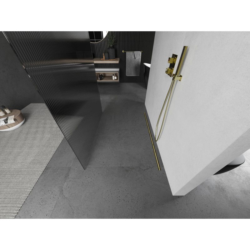 Mexen Kioto laisvai stovinti dušo sienelė 110 x 200 cm, dryžuota 8 mm, šlifuota auksinė - 800-110-002-55-09