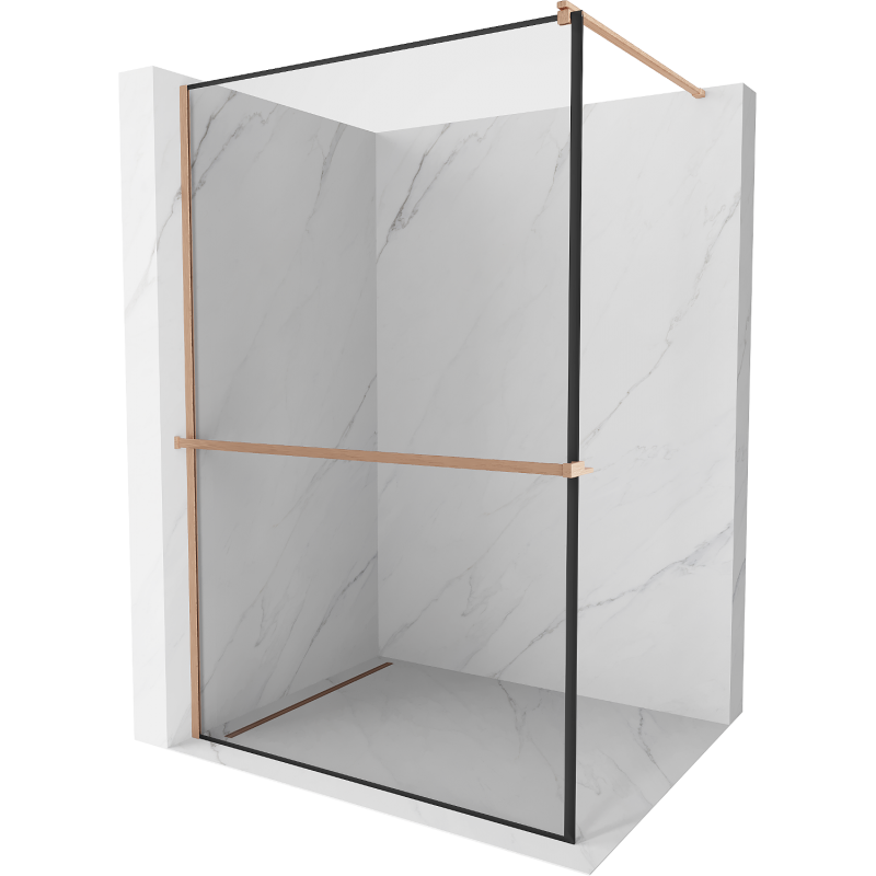 Mexen Kioto+ dušo siena su Walk-in stelažu 100 x 200 cm, juodos spalvos, šlifuotas varis - 800-100-121-65-70