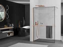Mexen Kioto+ dušo siena su Walk-in stelažu 100 x 200 cm, juodos spalvos, šlifuotas varis - 800-100-121-65-70