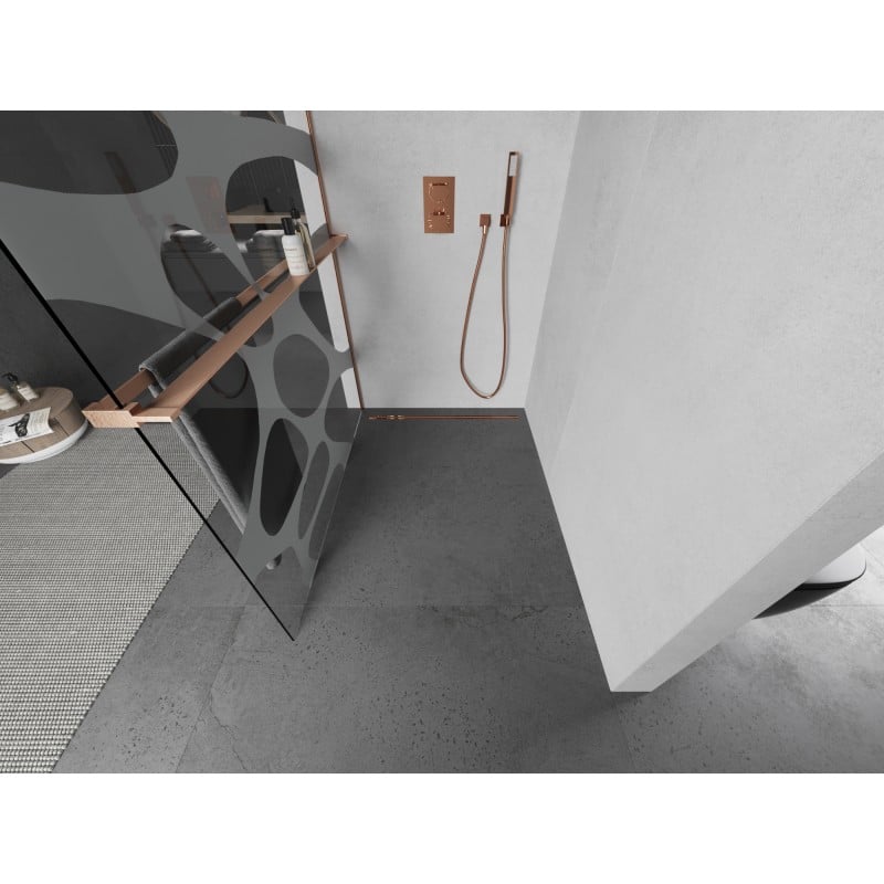 Mexen Kioto+ dušo sienelė su lentyna Walk-in 80 x 200 cm, balta banga, šlifuotas varis - 800-080-121-65-97