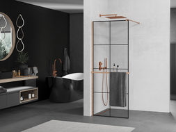 Mexen Kioto+ dušo siena su Walk-in stalčius 80 x 200 cm, juodas raštas, poliruotas varis - 800-080-121-65-77