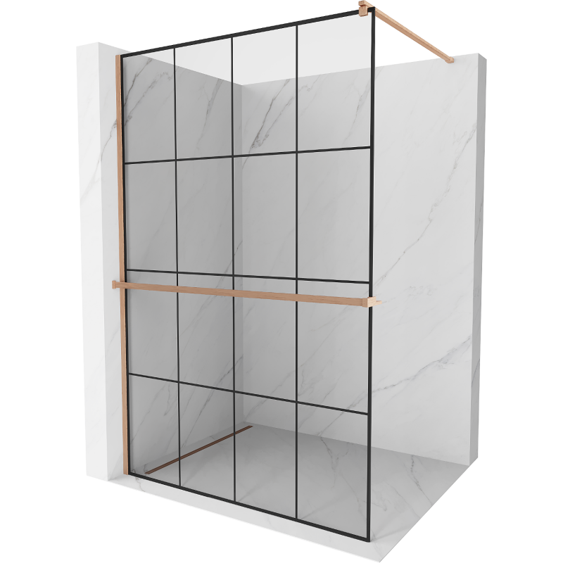 Mexen Kioto+ dušo sienelė su lentyna Walk-in 130 x 200 cm, juodas tinklelis, šepečiu apdorotas varis - 800-130-121-65-77