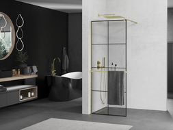 Mexen Kioto+ dušo siena su Walk-in lentyna 70 x 200 cm, juodas raštas, auksinis šlifuotas - 800-070-121-55-77