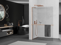 Mexen Kioto+ L Walk-in dušo siena su lentynėle 90 x 200 cm, skaidri, šlifuota varis - 800-090-123-65-00