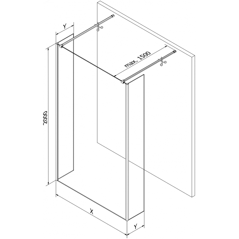 Mexen Kioto laisvai stovinti dušo sienelė 100 x 30 x 30 cm, juodas rėmelis, chromas - 800-100-030-222-01-70-030