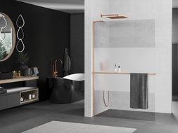 Mexen Kioto+ L sprendimas dušo siena su lentyna Walk-in 100 x 200 cm, skaidrus/šerkšninis, šlifuota varis - 800-100-123-65-35
