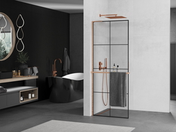 Mexen Kioto+ L dušo siena su Walk-in lentyna 80 x 200 cm, juodas raštas, šlifuotas varis - 800-080-123-65-77