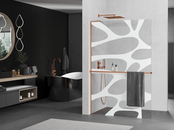 Mexen Kioto+ L dušo sienelė su lentyna Walk-in 70 x 200 cm, baltas raštas, rožinis auksas - 800-070-123-60-97