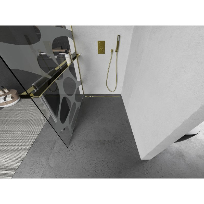 Mexen Kioto+ L Dušo sienelė su lentyna Walk-in 90 x 200 cm, balta banga, auksinė - 800-090-123-50-97