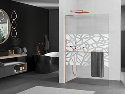 Mexen Kioto+ L dušo sienelė su Walk-in lentyna 90 x 200 cm, balta struktūra, šlifuota varis - 800-090-123-65-85