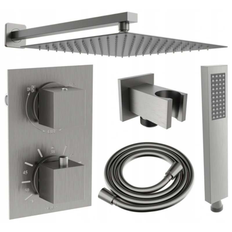 Mexen Cube DR02 potinkinis dušo komplektas su 30 cm lietaus dušu, šešėlinė pilka šukuota - 77502DR0230-66