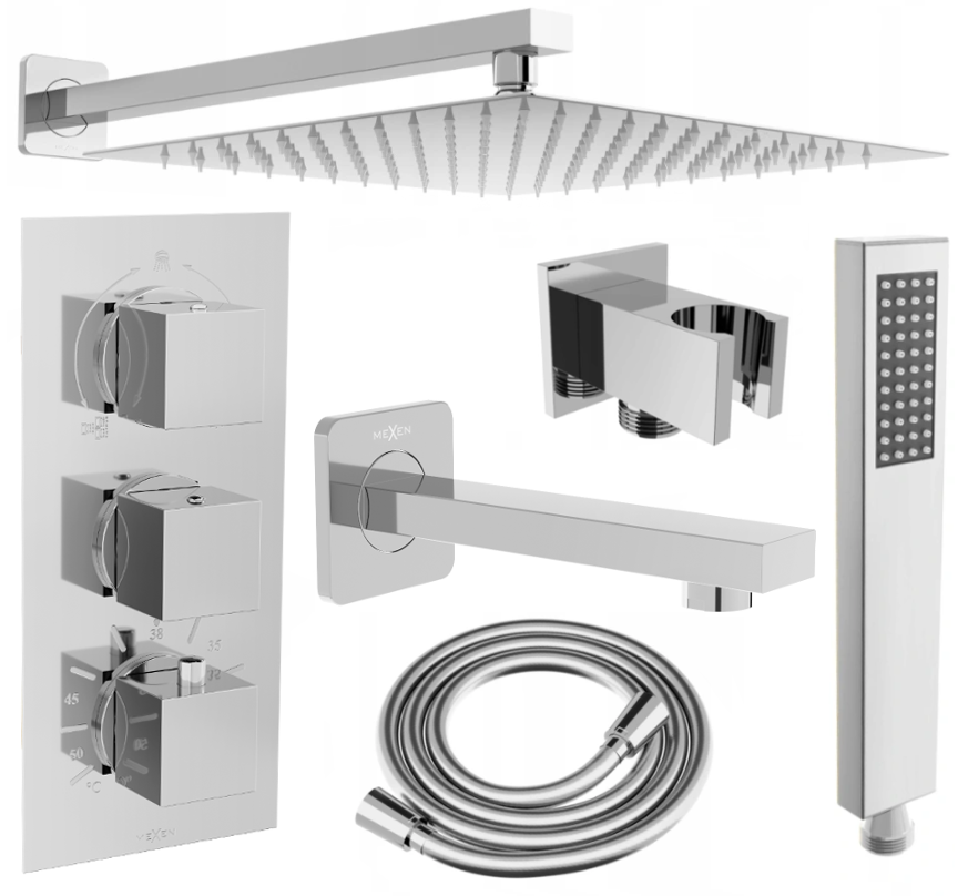 Mexen Cube DR02 potinkinis vonios ir dušo komplektas su lietaus dušu25 cm, Chromo - 77503DR0225-00