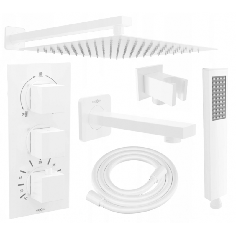 Mexen Cube DR02 įmontuojama vonios ir dušo sistema su 30 cm lietaus dušo galva, balta - 77503DR0230-20