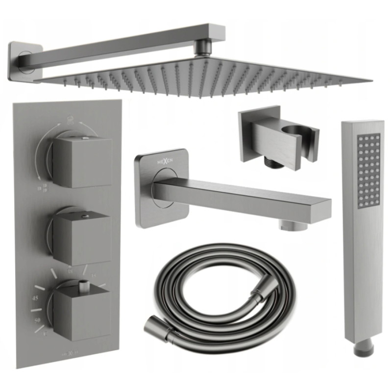 Mexen Cube DR02 potinkinis vonios ir dušo komplektas su 30 cm lietaus sistema, šlifuota šautuvo pilka - 77503DR0230-66