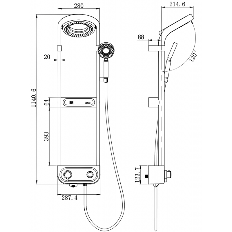 Mexen Peak paviršinis dušo rinkinys su lietaus dušu ir maišytuvu, LED ekranas, juoda - 78106-70