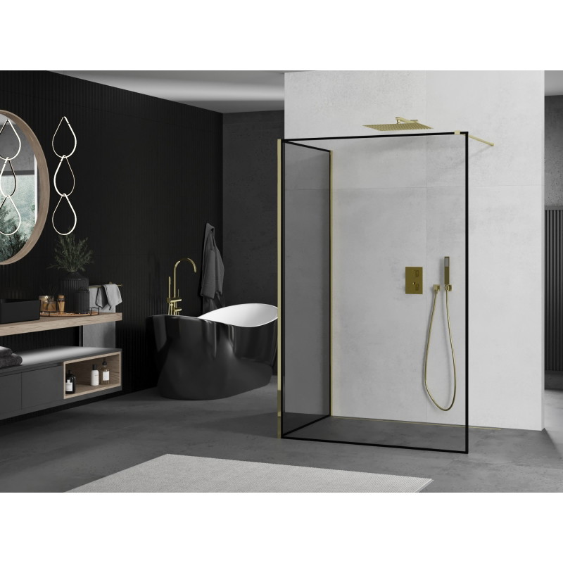 Mexen Kioto Dušo siena Walk-in 90 x 90 cm, juodas rėmas, auksinis - 800-090-212-50-70-090