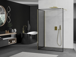 Mexen Kioto Dušo siena Walk-in 90 x 90 cm, juodas rėmas, auksinis - 800-090-212-50-70-090